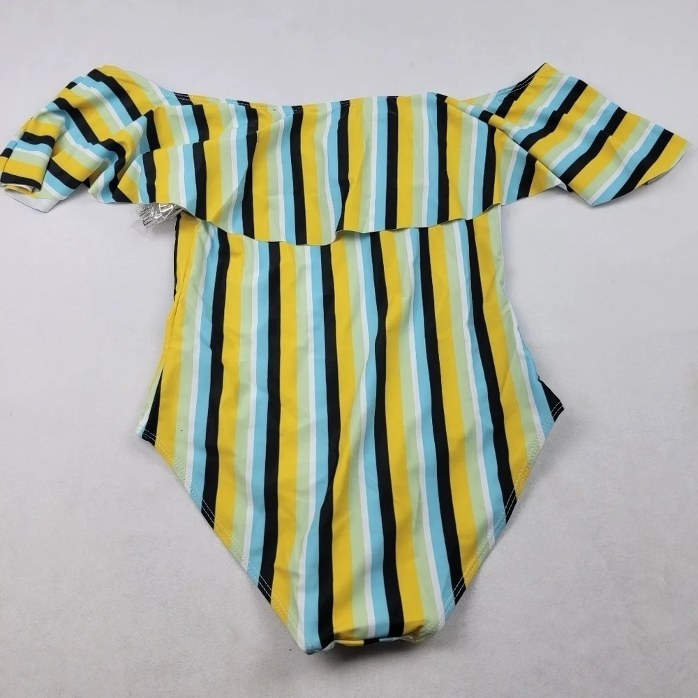 NWT one piece striped‎ drop ruffle shoulder bathing suit swimsuit